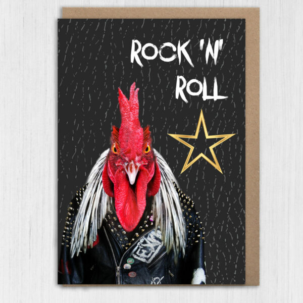 Rock and roll star funny rooster birthday card for old man, woman, dad, mum, husband, wife, grandparents, friend, mate (Animalyser) (Size A6/A5/A4/Square 6x6")