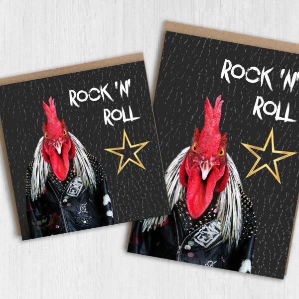 Rock and roll star funny rooster birthday card for old man, woman, dad, mum, husband, wife, grandparents, friend, mate (Animalyser) (Size A6/A5/A4/Square 6x6")