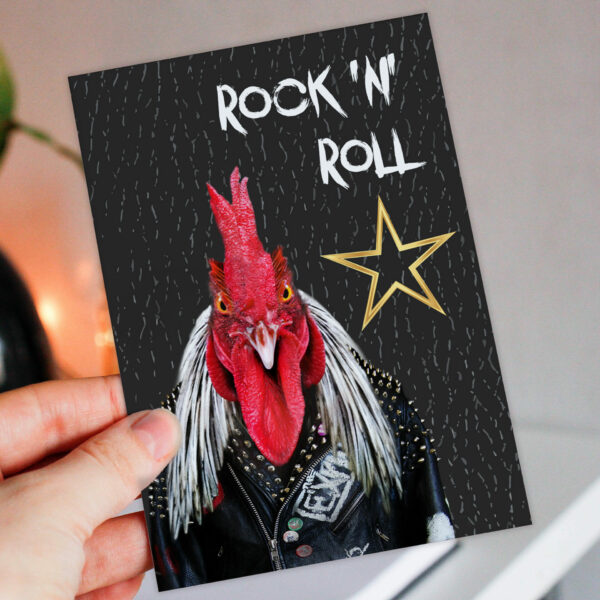 Rock and roll star funny rooster birthday card for old man, woman, dad, mum, husband, wife, grandparents, friend, mate (Animalyser) (Size A6/A5/A4/Square 6x6")