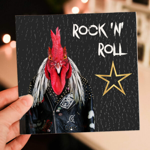 Rock and roll star funny rooster birthday card for old man, woman, dad, mum, husband, wife, grandparents, friend, mate (Animalyser) (Size A6/A5/A4/Square 6x6")