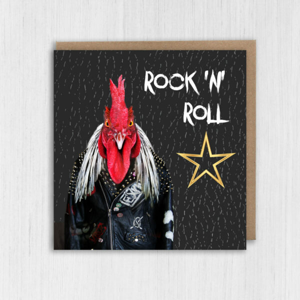 Rock and roll star funny rooster birthday card for old man, woman, dad, mum, husband, wife, grandparents, friend, mate (Animalyser) (Size A6/A5/A4/Square 6x6")